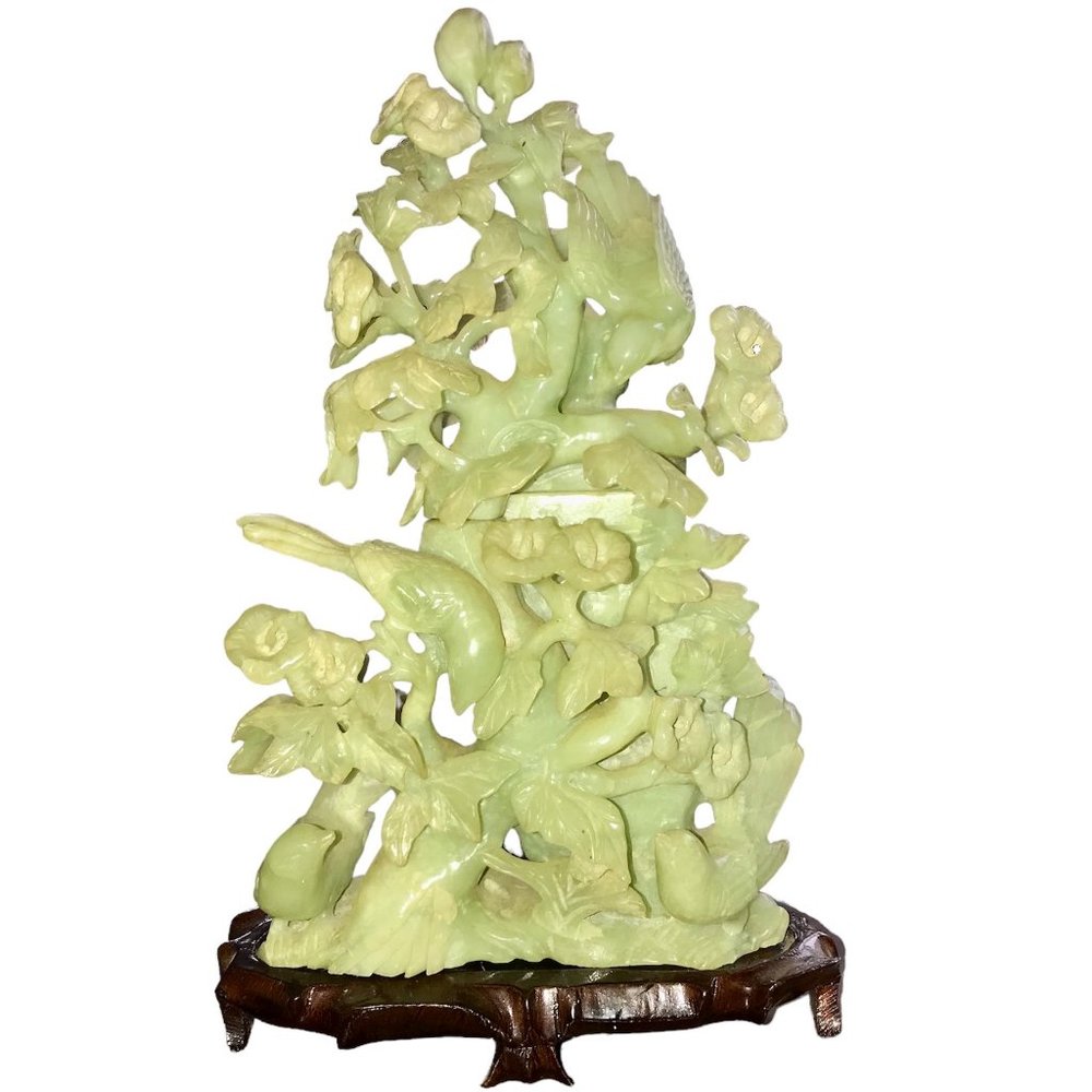 Vintage Chinese Jade Sculpture Vase with Flowers and Birds